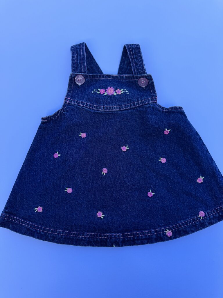 vintage jean dress w/ pink embroidered flowers || 6-9M