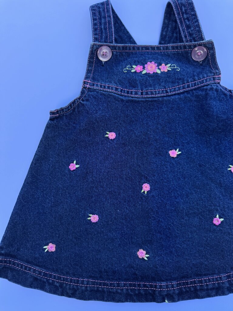 vintage jean dress w/ pink embroidered flowers || 6-9M