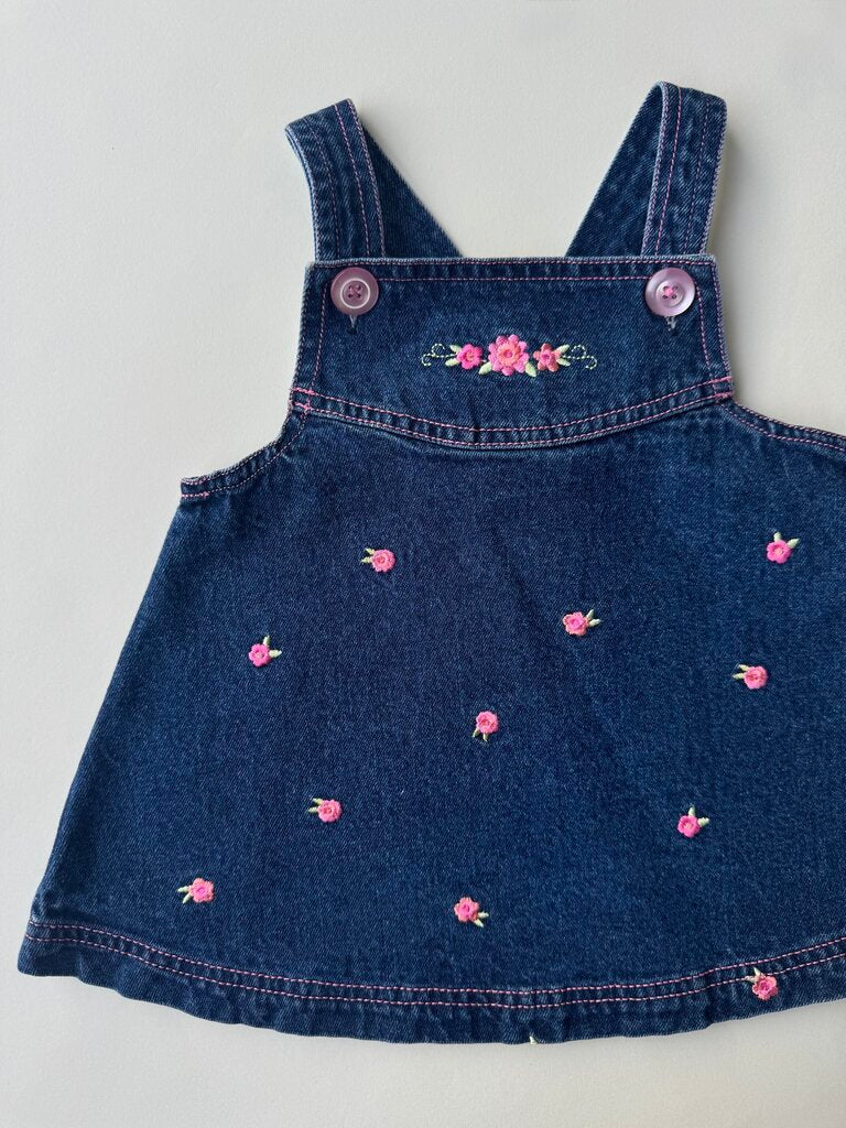 vintage jean dress w/ pink embroidered flowers || 6-9M